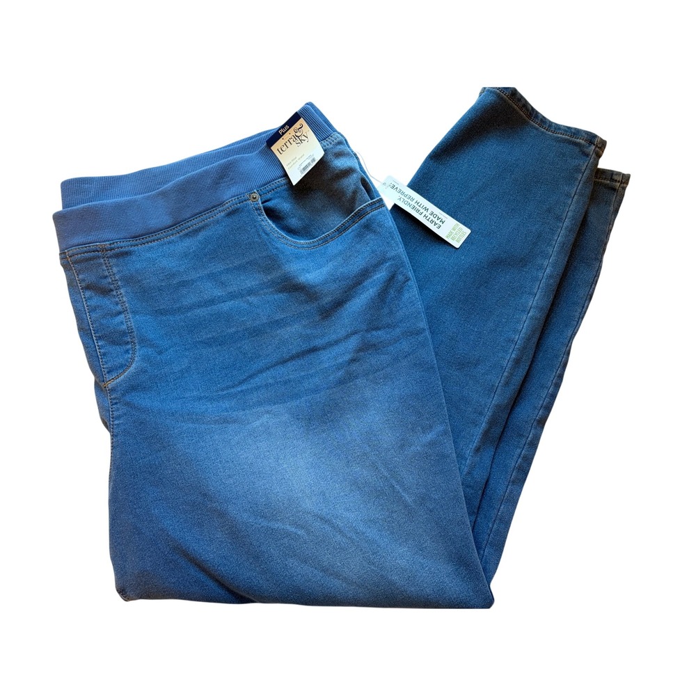 Terra & Sky Pull On Jeans 4X Blue Plus, Denim, Knit, Stretch, Comfort, Mid Rise
